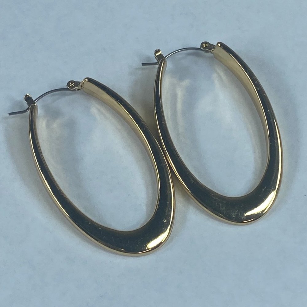 Oval Hoop Earrings Pierced Gold Tone Puffed Hinged Latch Back Click Closure - Picture 14 of 16